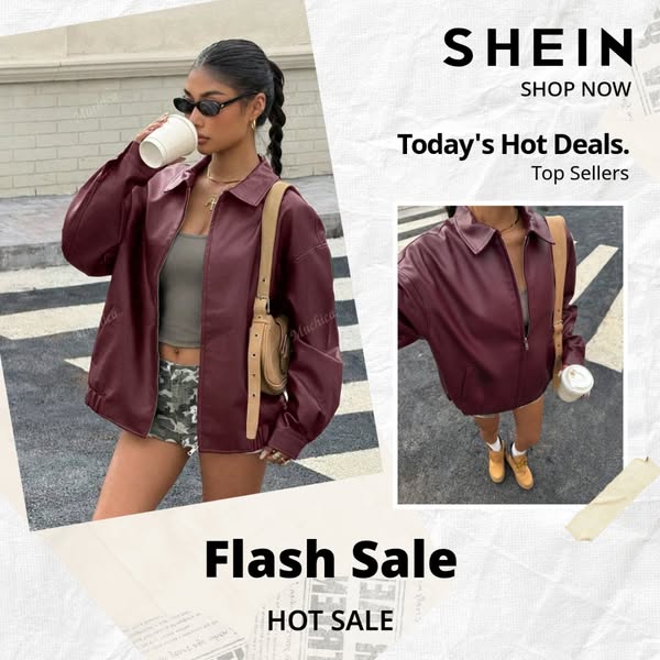 An ad for SHEIN clothing, featuring a woman wearing a leather jacket with a flash sale promotion and shop now CTA.