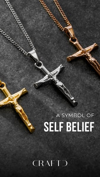 This ad features three cross pendants in different finishes with the text "A SYMBOL OF SELF BELIEF".