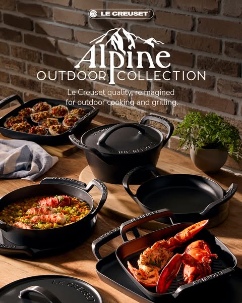 This ad showcases Le Creuset's Alpine Outdoor Collection, highlighting its versatility for outdoor cooking and grill