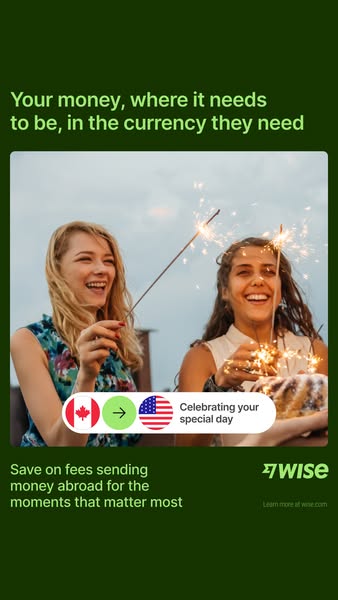 This image ad for Wise promotes their service for sending money abroad with low fees. It features two women celebrating 