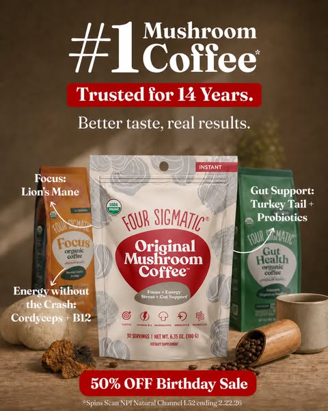This image ad by Four Sigmatic showcases their original mushroom coffee and the benefits that the coffee can provide. Th