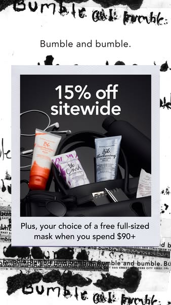 This ad for Bumble and bumble. features three hair mask products displayed in a black bag, emphasizing a promotional off