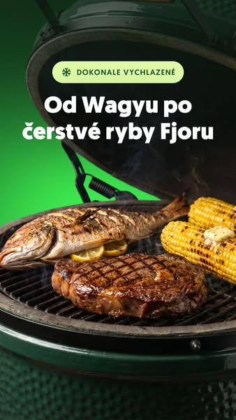 This image ad shows a shot of various meats and vegetables cooking on a green grill. Text above the image names the type
