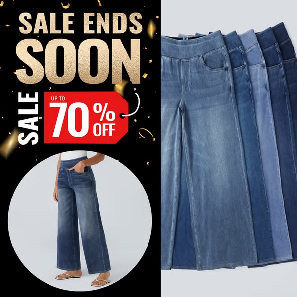 This image ad promotes a sale event with a limited-time offer on wide-leg jeans.