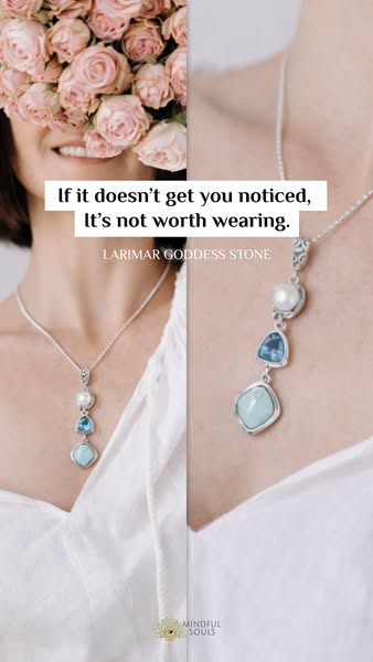 This split-screen image ad showcases a Larimar Goddess Stone necklace, emphasizing its ability to get the wearer noticed