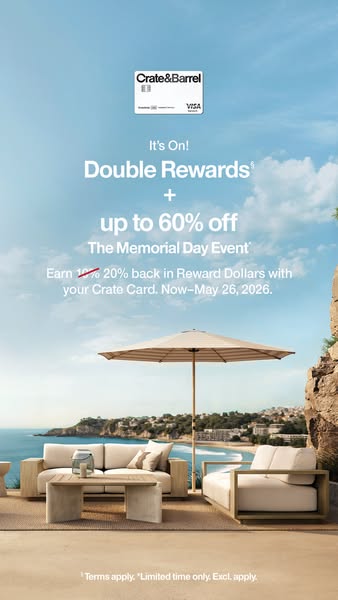 This image ad promotes a Memorial Day Event from Crate & Barrel, offering double rewards and up to 60% off for Crate