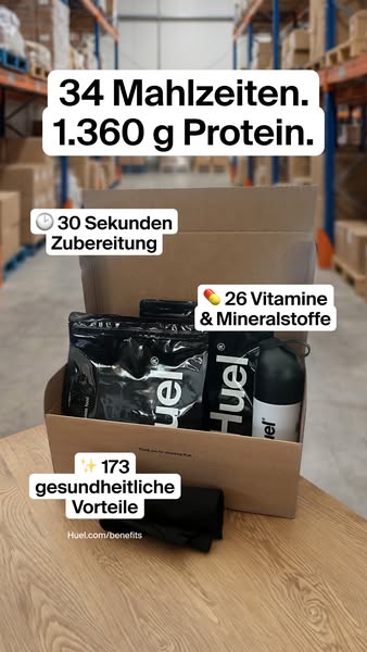 This ad presents a box of Huel products, highlighting the nutritional benefits, ease of preparation, and overall health 