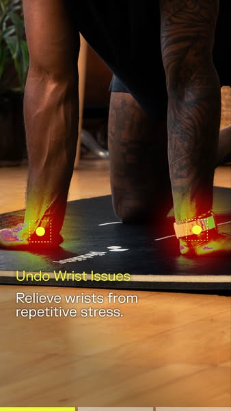 The ad highlights wrist pain by outlining wrist joints in red, then offers a solution for repetitive stress and wrist is
