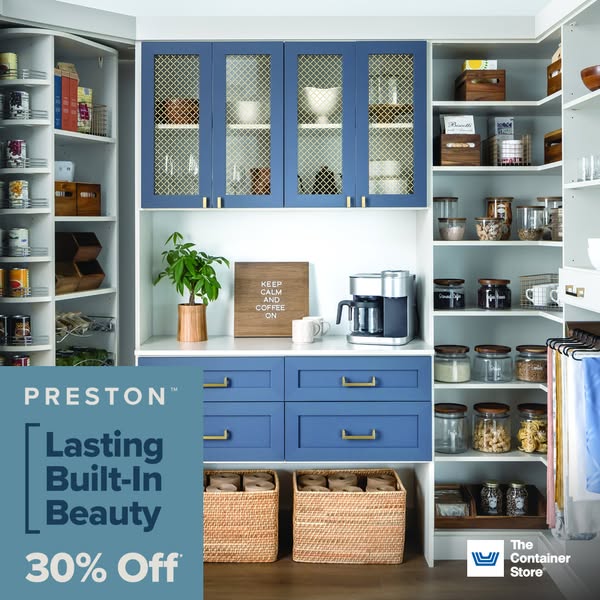 This ad for The Container Store features a well-organized pantry and closet space with a discount offer.