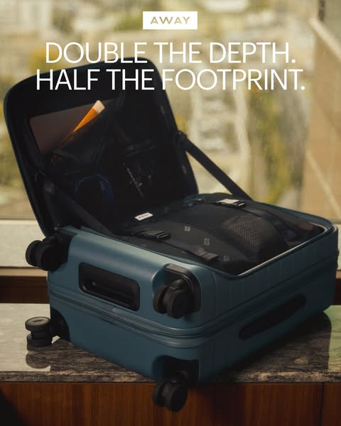 This ad showcases an Away suitcase designed to double the depth while maintaining a smaller footprint, ideal for efficie