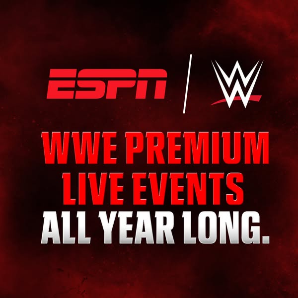 This image ad promotes WWE premium live events on ESPN all year long. The ad uses the ESPN and WWE logos in conjunction 
