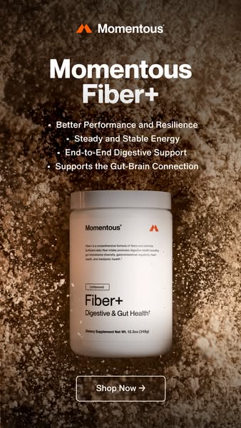 This image ad by Momentous promotes its Fiber+ supplement highlighting the benefits and ease of shopping by including a 