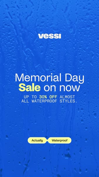 This image ad for Vessi features a Memorial Day sale. The ad shows the brand's logo on a background of water droplet