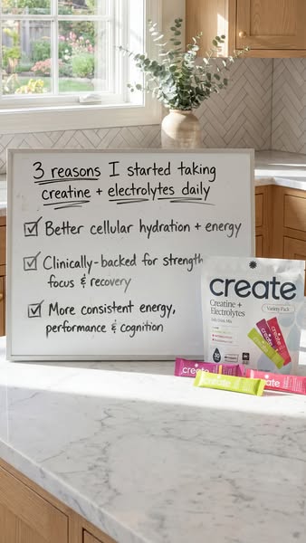 The ad features a whiteboard with 3 handwritten reasons to take creatine + electrolytes daily with callouts for better c
