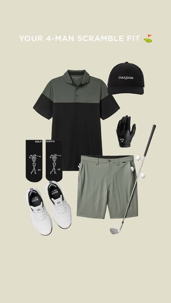 This ad features a flat lay of golf apparel and accessories, suggesting a '4-man scramble fit' suitable for a te