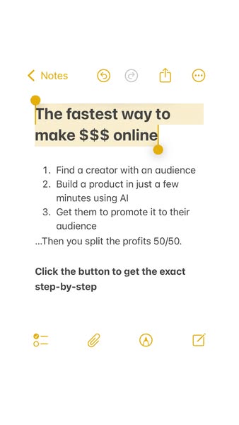 This image ad shows a screenshot of a note, in which an ad for a service promising to quickly make money online is prese