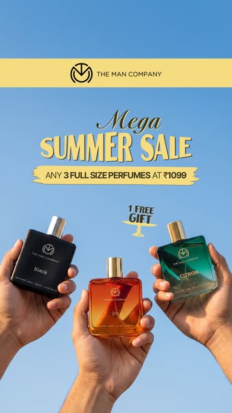 A bright and vibrant ad showcasing The Man Company's fragrances during a summer sale. The image features three bottl