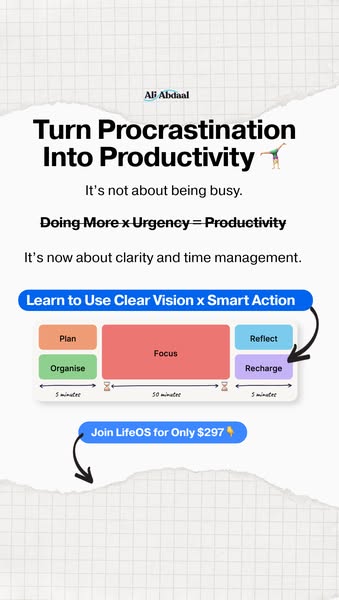 This ad promotes LifeOS, a system designed to help users turn procrastination into productivity. It emphasizes clarity a