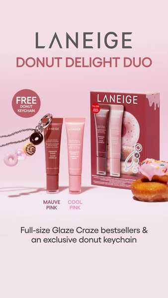 This ad showcases the Laneige Donut Delight Duo, featuring two full-size Glaze Craze lip glosses and an exclusive donut 