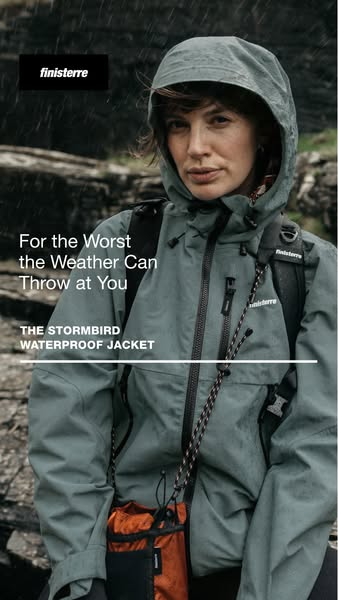 This ad showcases the Stormbird waterproof jacket by Finisterre, emphasizing its ability to withstand harsh weather cond