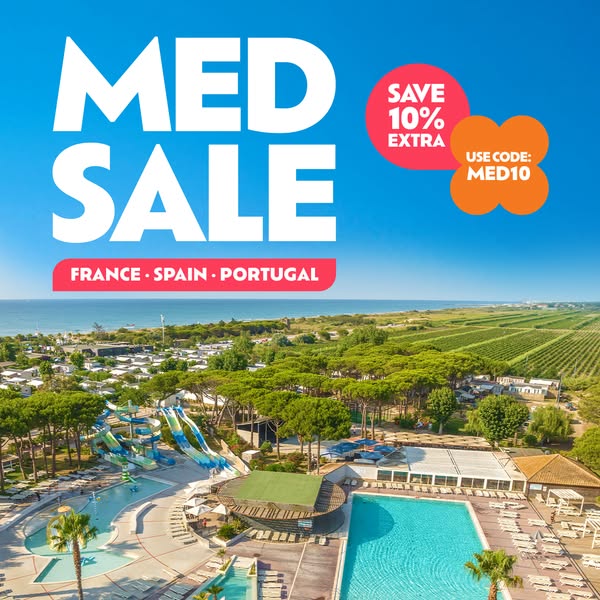 This image ad promotes a 'Med Sale' for travel to France, Spain, and Portugal, offering an extra 10% discount wi