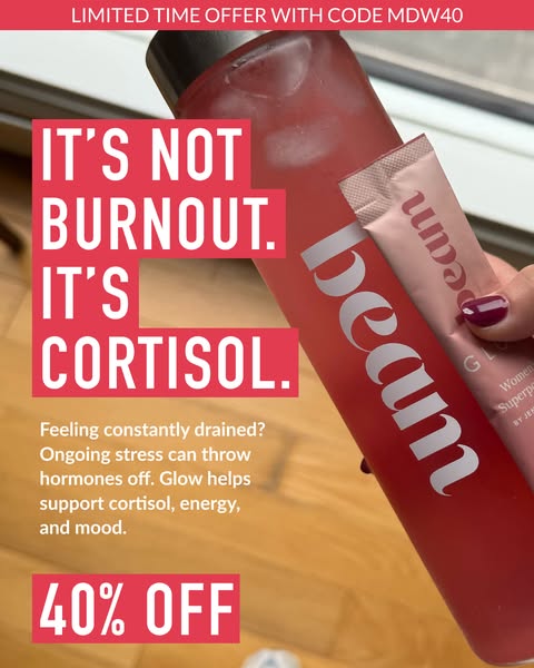 The ad presents the Beam "Glow" women's supplement as a solution to the problem of low energy levels cause