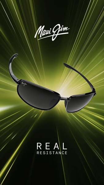This ad uses a product-focused image and text to promote the REAL Resistance sunglasses from Maui Jim. The sunglasses ar
