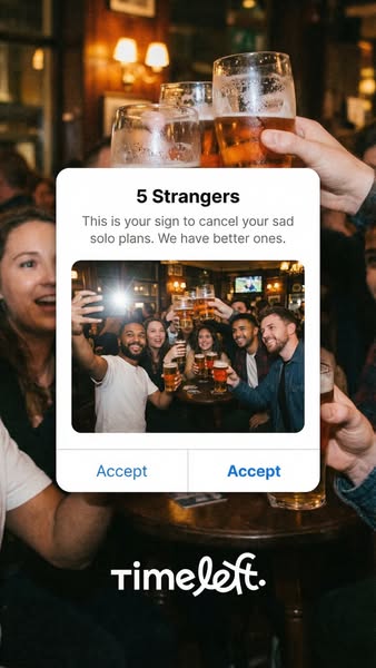 The ad simulates a smartphone notification, showing an image of a group of people enjoying drinks together and a message