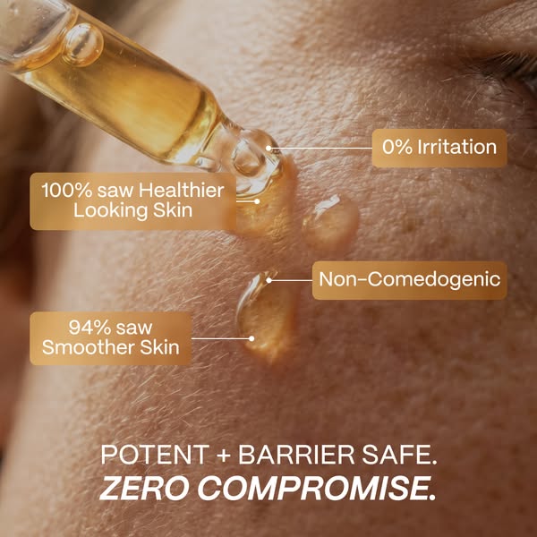 This image ad showcases a close-up of serum being applied to skin with callouts that explain product benefits.