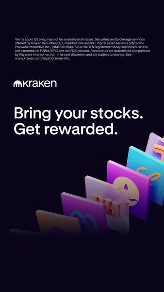 This image ad promotes Kraken, encouraging users to transfer their stocks to the platform to receive rewards.