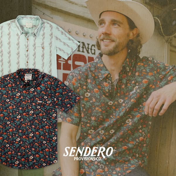 This ad features Sendero Provisions Co. clothing, showcasing a light blue button-down shirt with a cactus pattern, and a