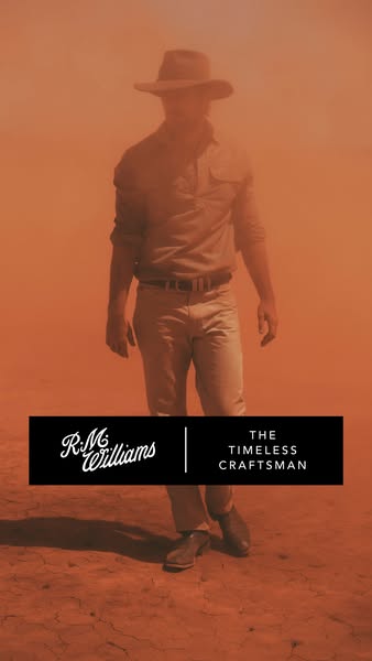 This image ad from R.M. Williams features a photo of a model in an outdoor setting wearing their clothing, with the bran