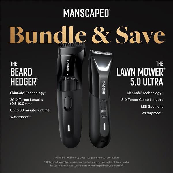 This ad promotes a bundle deal for MANSCAPED's The Beard Hedger and The Lawn Mower 5.0 Ultra. It highlights key feat