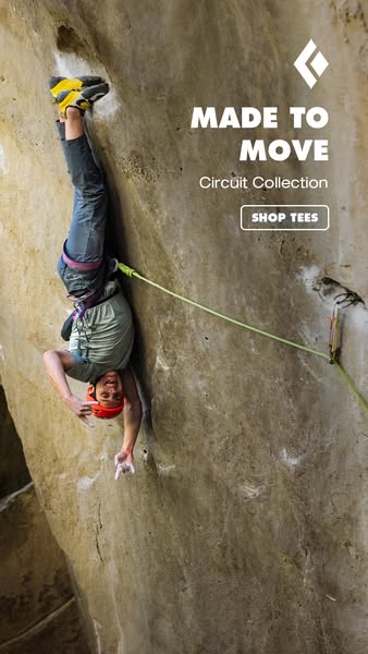 This image ad for Black Diamond's Circuit Collection features a rock climber hanging upside down, emphasizing the br