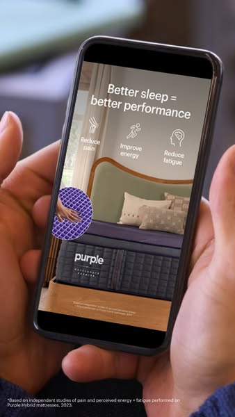 This ad uses a product shot on a mobile phone screen to demonstrate the benefits of a Purple mattress. The ad focuses on