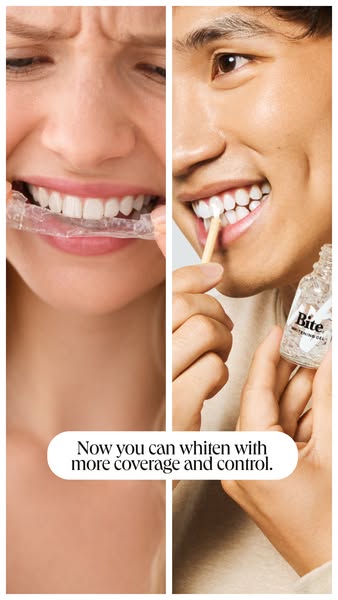 This ad uses a split-screen format to highlight two different methods of teeth whitening: a traditional tray and the Bit