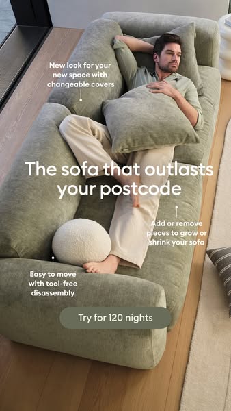 This ad showcases a modular sofa with changeable covers and tool-free disassembly. It emphasizes the sofa's longevit