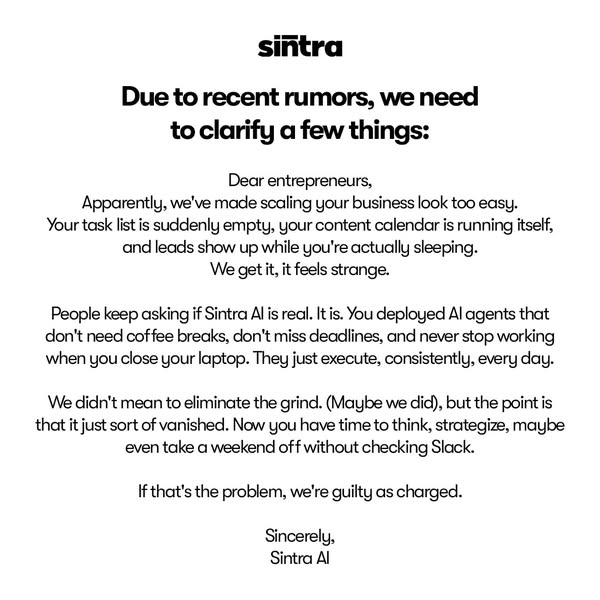 This image is a text ad from Sintra AI, addressing recent rumors by explaining how the AI agents can automate and simpli