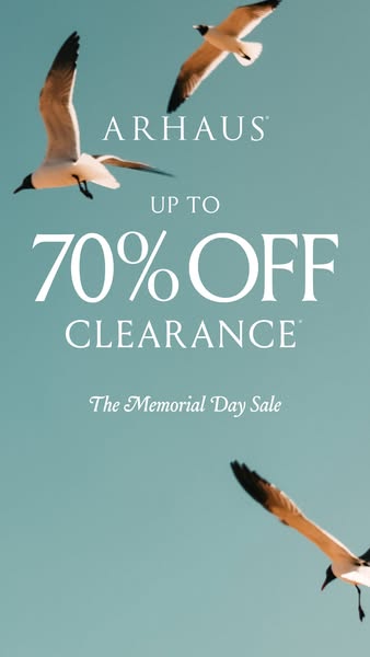 This image ad for Arhaus promotes a clearance sale of up to 70% off for Memorial Day. The image features a pale blue bac