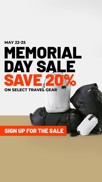 This image ad promotes a Memorial Day Sale for travel gear, offering 20% off select items. It encourages users to sign u