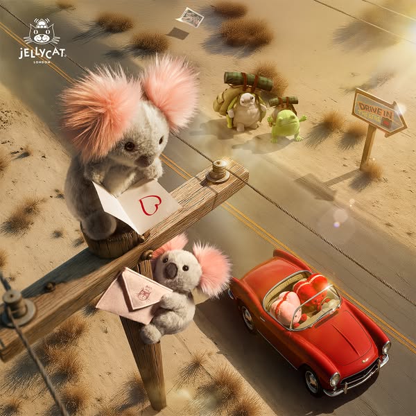 This image ad features Jellycat plush toys in a desert scene. Two koala toys are on a telephone pole, one reading a love