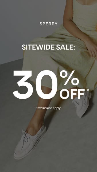 This image ad for Sperry advertises a 30% off sitewide sale. It features a woman wearing a cream-colored dress and Sperr