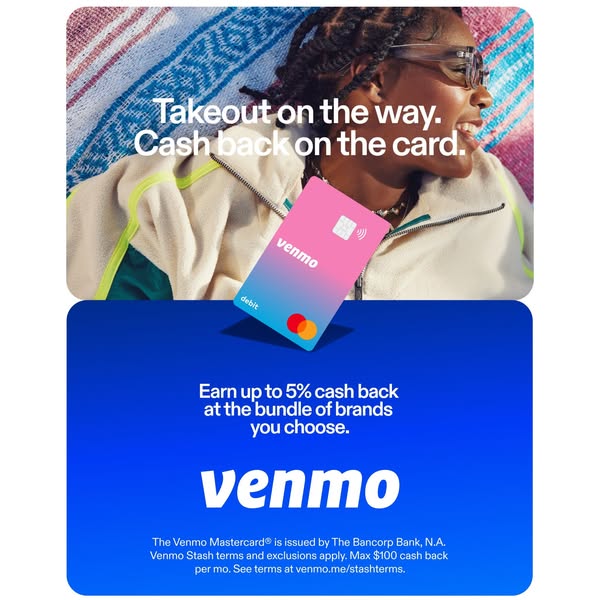 This Venmo ad promotes their debit card and the cash back options available when using it.
