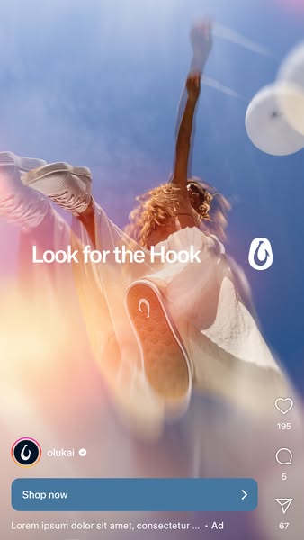 This image ad for OluKai features a person jumping and wearing a pair of OluKai shoes. The ad includes the brand's h