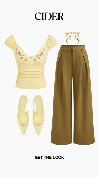 An image of an outfit with a yellow floral crop top, gold earrings, brown slacks, and yellow heels with a 'GET THE L