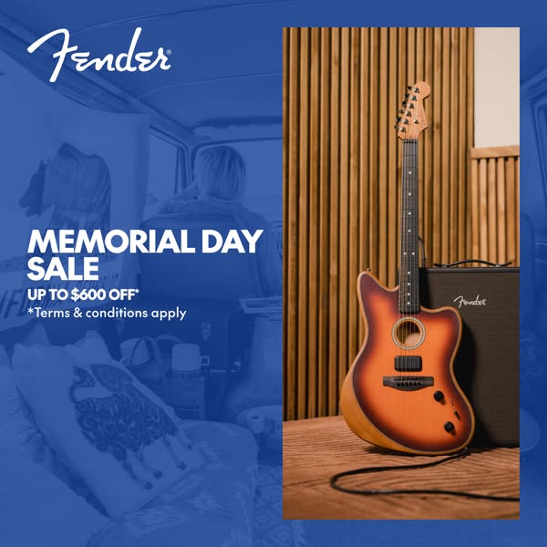 This ad for Fender features a split-screen layout. The left side shows a blurred image of a person inside a van with lif