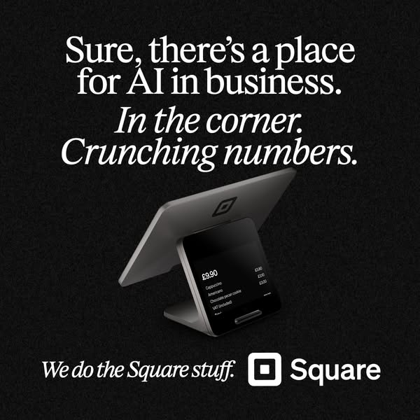 This ad for Square highlights their point of sale system, taking an anti-AI position. The ad copy states that there is a