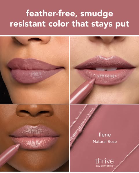 This ad showcases the Thrive Causemetics Ilene Natural Rose lip crayon. The ad utilizes close-up shots of lips with the 