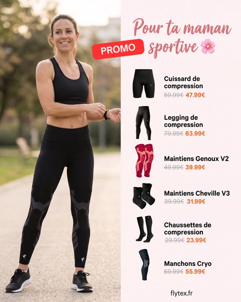 This ad showcases a woman wearing Flytex compression leggings, along with a display of discounted compression products f