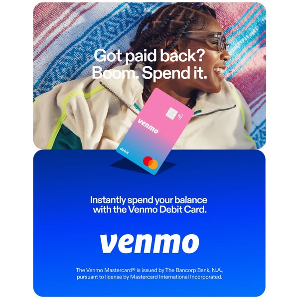 This ad for the Venmo debit card features a smiling person on a blanket with a Venmo debit card on top, above a blue pan